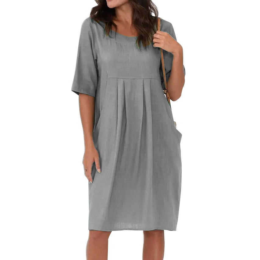 EVA™ - 2024 ny lin- og bomullsplissert lomme med kortermet kjole for kvinner