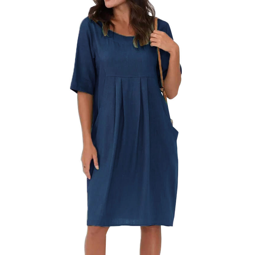 EVA™ - 2024 ny lin- og bomullsplissert lomme med kortermet kjole for kvinner